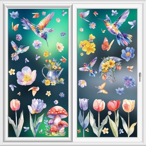 Fensterbilder Frühling Deko, 9 Blätter Fensterbilder Selbstklebend, Frühlingsdeko, Frühling Fensterbilder Kinder, Fensterfolie Blumen, Wiederverwendbar Fensterbilder Frühling für Fensterdeko von KHstylehoo
