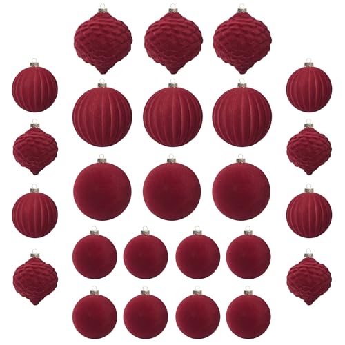 25 stück kunstoff Velvet weihnachtskugeln samt dunkel rot Rosenholz 6cm 8cm für Weihnachtsbaum christbaumkugeln Kugeln mit Haken Weihnachten deko Tish (ROT) von KI Store