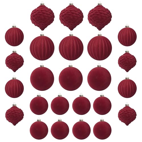 25 stück kunstoff Velvet weihnachtskugeln samt dunkel rot Rosenholz 6cm 8cm für Weihnachtsbaum christbaumkugeln Weihnachten deko Tish (ROT) von KI Store