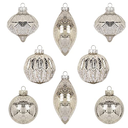 KI Store Glas Champagner Silber Kugel Christbamschmuck Mercury Glas Weihnachtskugel hängende dekorativer Weihnachtsbaumschmuck Sets à 8 Stück Kugel und Tropfen, Aus Glas von KI Store