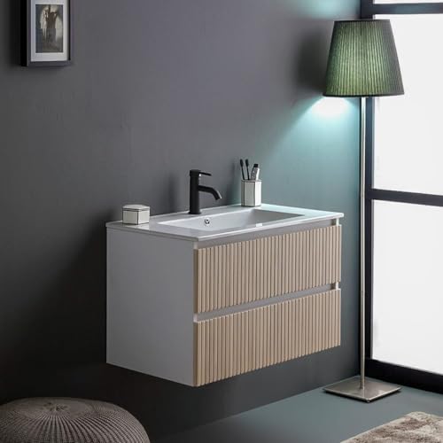KIAMAMI VALENTINA 80cm geriffelter Unterschrank mit Waschtisch, ohne Spiegel - Holzoptik Goldeiche | Bilbao von KIAMAMI VALENTINA