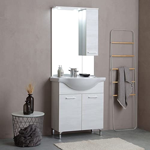 KIAMAMI VALENTINA 75cm Badschrank mit Türen und Füßen, Waschbecken, Spiegel mit Hängeschrank und LED | Rimini von KIAMAMI VALENTINA