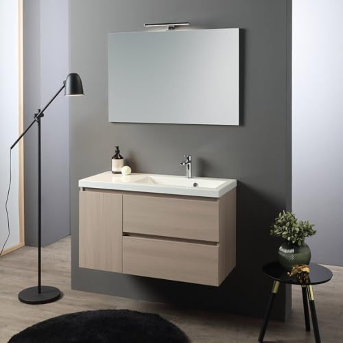 KIAMAMI VALENTINA Hängender Badezimmerschrank 90cm, 1 Tür und 2 Schubladen, mit Waschbecken rechts versetzt und Spiegel 90x60 Malaga von KIAMAMI VALENTINA