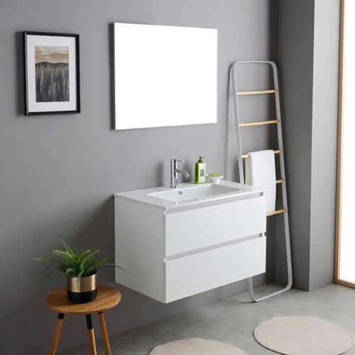 KIAMAMI VALENTINA - Mobile Bagno Sospeso 80cm | Lavabo in Ceramica Con Foro Troppopieno | Specchio 80x60cm incluso | 2 Cassetti Apertura a Gola | Legno Nobilitato Bianco Effetto Legno già assemblato von KIAMAMI VALENTINA
