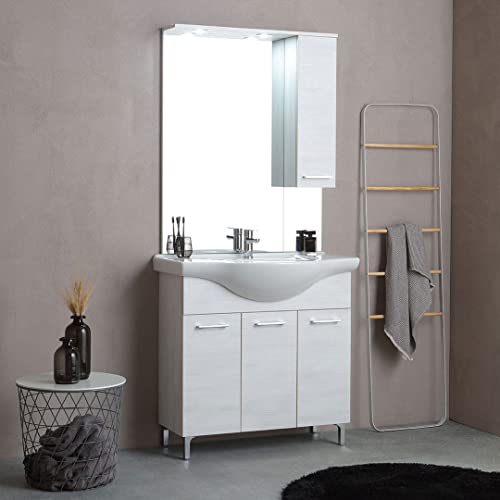 KIAMAMI VALENTINA - Mobile Bagno a Terra 85 cm | Lavabo in Ceramica | Specchio Con Pensile e Faretti a LED | 3 Ante | Mobile Bagno Lavabo | Mobile Bagno Completo Moderno, Quercia Bianco, 85 cm, Legno KIAMAMI VALENTINA - Mobile Bagno a Terra 85 cm | Lavabo in Ceramica | Specchio Con Pensile e Faretti a LED | 3 Ante | Mobile Bagno Lavabo | Mobile Bagno Completo Moderno, Quercia Bianco, 85 cm, Legno von KIAMAMI VALENTINA