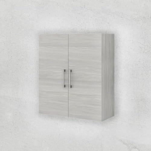 KIAMAMI VALENTINA Standsäule für Badezimmer 190cm Eiche weiß 2 Türen, Schublade und offenes Fach Rimini (Hängeschrank mit Zwei Türen, Graue Eiche) von KIAMAMI VALENTINA