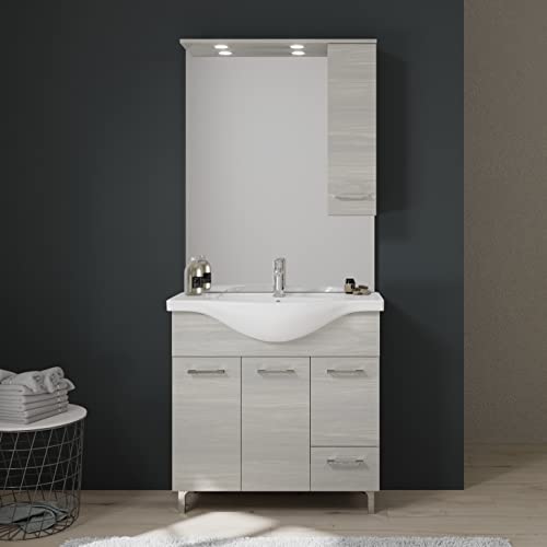KIAMAMI VALENTINA Stehender Badezimmerunterschrank 85 cm mit Türen und Schublade in Grauer Eiche mit Spiegelschrank und Hängeschrank von KIAMAMI VALENTINA
