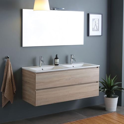 KIAMAMI VALENTINA Wandmontierter Doppelwaschtisch Badschrank mit Schubladen Eiche Natur 120CM | Berlin von KIAMAMI VALENTINA