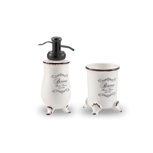 Kiamami Valentina - Set Accessori Lavabo Shabby | Ceramica Bianca Decorata | Bicchiere Portaspazzolini e Dispenser Sapone | Stile Shabby Chic, Bianca, Dosasapone + Portaspazzolini, Ceramica von KIAMAMI VALENTINA