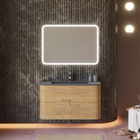 Wandmontierter Badezimmerschrank 100Cm Eiche Honig, Waschbecken Und Spiegel Schwarz Hollywood von KIAMAMI VALENTINA