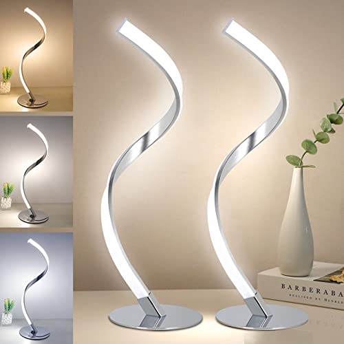 2er LED Spiral Tischlampe Stufenlos Dimmbar, Modern Touch Control Nachttischlampe, S förmige Metall Deko-Tischleuchte, 3000K-5000K (Warm/Natur/Kalt Weiß Licht) mit Kabel für Schlafzimmer Wohnzimmer von KIAMPON
