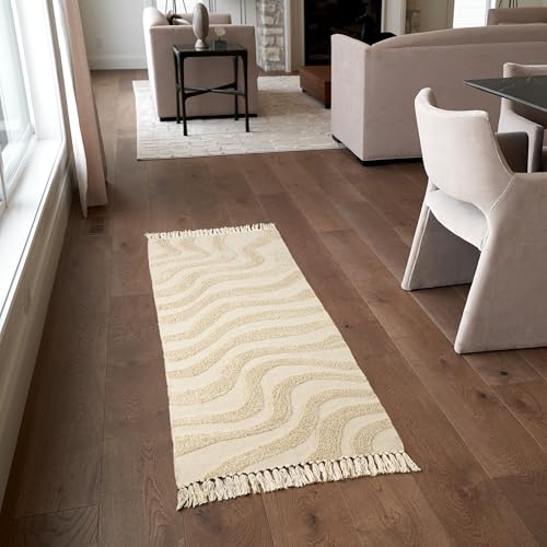 Schöner Boho-Läuferteppich mit Quasten für Flur, Schlafzimmer oder Wohnzimmer, weicher Baumwollteppich, passt perfekt in jede Küche/Esszimmer, waschbarer Teppich, verschönert jede Wohnkultur von KIBAGA