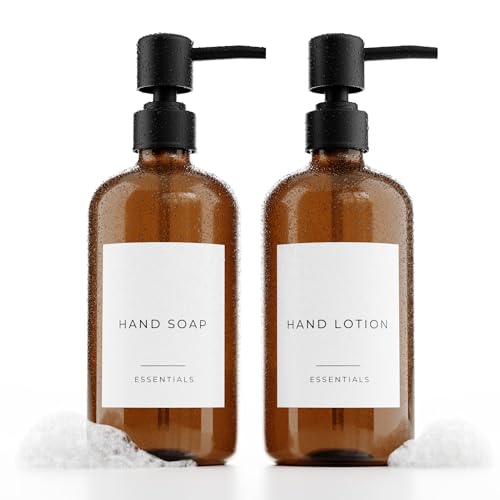 Stilvoller Seifenspender-Set für Küche oder Badezimmer, hochwertiger 595 ml Spül- und Handseifenspender, extra langlebig, bernsteinfarbene Spender, verschönern Ihr Badezimmer oder Ihre Küche perfekt von KIBAGA