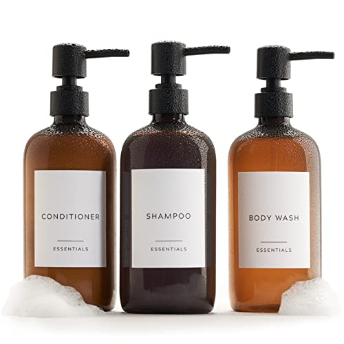 Stylischer Shampoo- und Spülungsspender, Set mit 3 Stück, Moderne 600 ml Duschseife, PET-Flaschen mit Pumpe und Etiketten, einfach zu befüllende Duschwaschspender für EIN sofortiges von KIBAGA