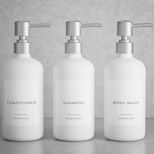 Stylischer Shampoo- und Conditioner-Spender, 3er-Set, 620 ml Moderne Duschgel-/Seifenflaschen mit Pumpe, Etiketten, einfach zu befüllen, für EIN sofortiges Badezimmer-Dekor-Upgrade, Weiß von KIBAGA