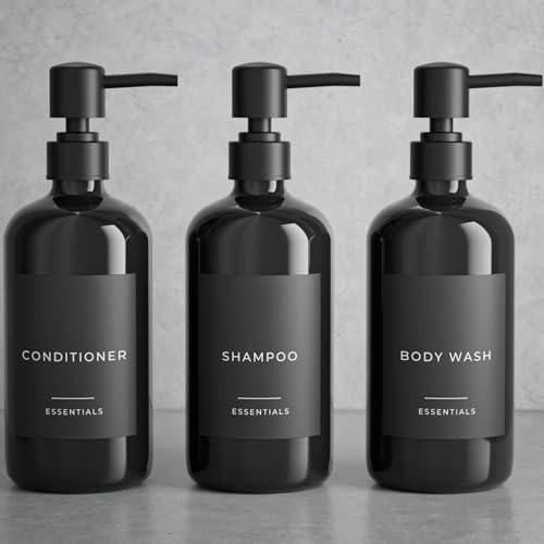 Stylischer Shampoo- und Conditioner-Spender, 3er-Set, 620 ml Moderne Duschseifenflaschen mit Pumpe, Etiketten, einfach zu befüllen, für EIN sofortiges Badezimmer-Dekor-Upgrade, Schwarz von KIBAGA