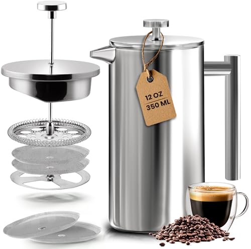 KICHLY Französische Presse Kaffeebereiter 12 Oz - 350 ml (2 Tassen) - Kaffeemaschine mit dreifachem Edelstahlfilter & isolierten Wänden - Silber von KICHLY