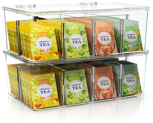 KICHLY Teebeutel Organizer 2er Pack - stapelbarer Aufbewahrungsbehälter für Teebeutel mit durchsichtigem Deckel für Arbeitsplatten, Küchenschränke, Vorratskammern, Süßungsmittel (Klar) von KICHLY
