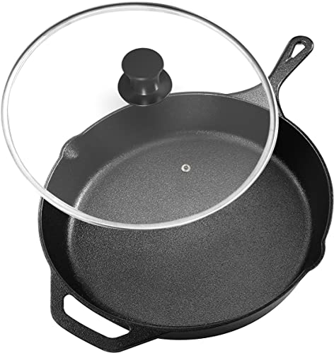 KICHLY Gusseisenpfanne mit deckel - Eisenpfanne 32 cm - Vorgewürzte Pfanne Gusseisen Induktion - Cast Iron Pan - Bratpfanne - Steakpfanne - Gusspfanne von KICHLY