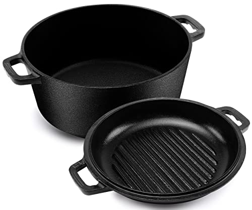 Kichly 2 in 1 Gusseisen Topf Mit Doppelter Zweck Grillpfannendeckel - Vorgewürzter Gusseiserner Dutch Oven – Brot Backen, Kochen, Braten, Schmoren & Grillen – Im Innen- Und Außenbereich von KICHLY