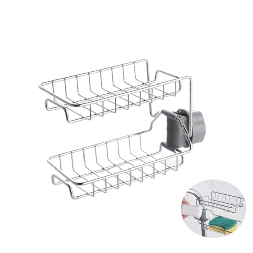 KICHOUSE Edelstahl Wasserhahn Organizer mit Verstellbarem Schwammhalter Doppellagiges Ablage Regal ohne Bohren Rostfrei Kratzfest für Küchenspüle zur Praktischen Aufbewahrung von Schwamm von KICHOUSE