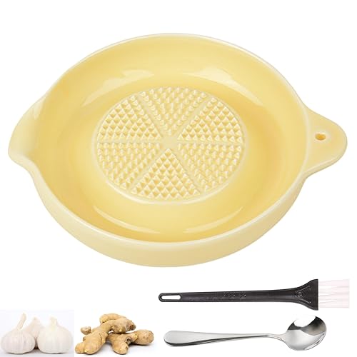 KICPUK Keramikreibe, Keramik-Ingwerreibe, Knoblauchreibe, Ingwerreibe, Gewürzreibe,Für Ingwer, Knoblauch, Muskatnuss, Sellerie, Karotten, Senf, mit Bürste + Löffel, Durchmesser 9cm (Gelb) von KICPUK