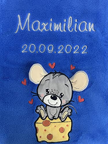KIDDI-MEDIA Babydecke mit Name und Geburtsdatum Bestickt/kuschelig weich / 1A Qualität (Blau - Maus) von KIDDI-MEDIA
