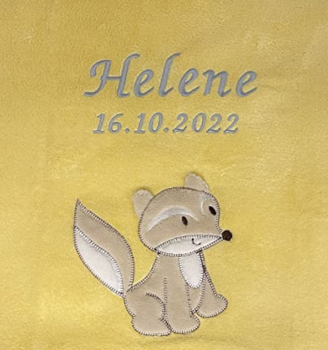 KIDDI-MEDIA Babydecke mit Name und Geburtsdatum Bestickt/kuschelig weich / 1A Qualität (Gelb - Fuchs) von KIDDI-MEDIA
