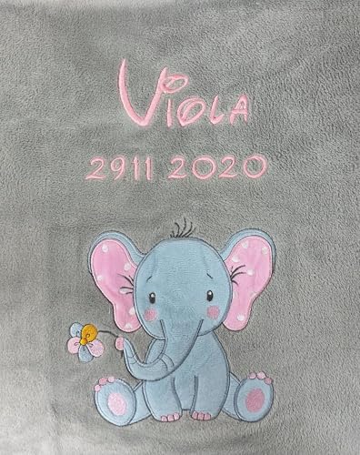 KIDDI-MEDIA Babydecke mit Name und Geburtsdatum Bestickt/kuschelig weich / 1A Qualität (Grau - Elefant) von KIDDI-MEDIA