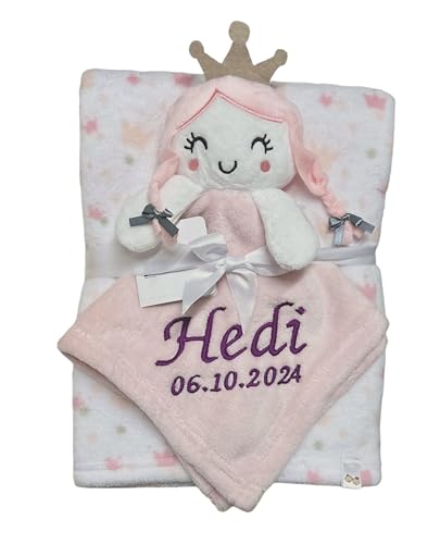 KIDDI-MEDIA Babydecke inklusive Trösterchen mit Name und Geburtsdatum Bestickt/kuschelig weich / 1A Qualität (Prinzessin 1) von KIDDI-MEDIA
