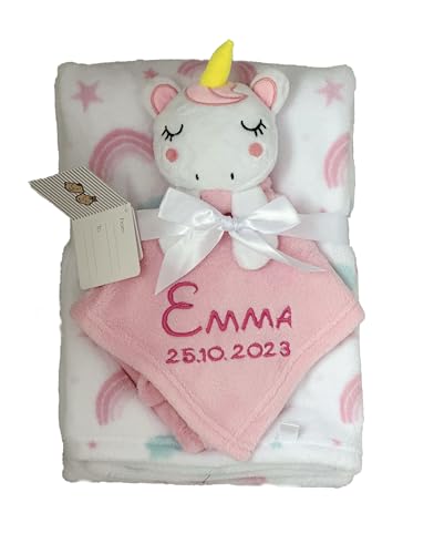 KIDDI-MEDIA Babydecke inklusive Trösterchen mit Name und Geburtsdatum Bestickt/kuschelig weich / 1A Qualität (Rosa Einhorn Regenbogen) von KIDDI-MEDIA