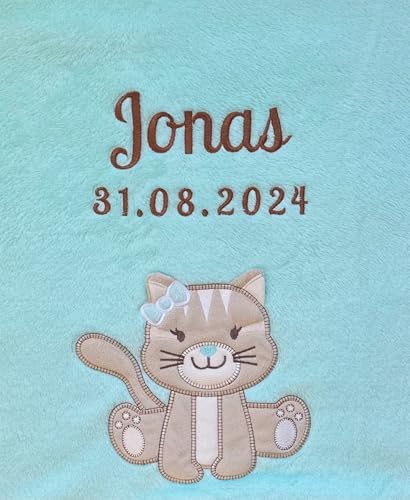 KIDDI-MEDIA Babydecke mit Name und Geburtsdatum Bestickt/kuschelig weich / 1A Qualität (Aqua - Katze) von KIDDI-MEDIA