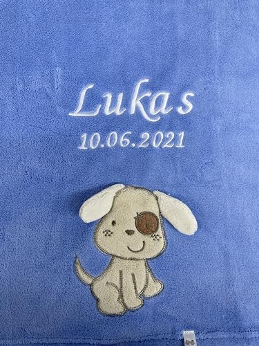 KIDDI-MEDIA Babydecke mit Name und Geburtsdatum Bestickt/kuschelig weich / 1A Qualität (Azurblau - Hund) von KIDDI-MEDIA