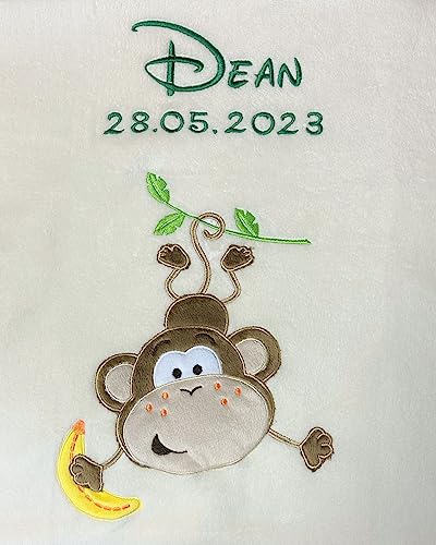 KIDDI-MEDIA Babydecke mit Name und Geburtsdatum Bestickt/kuschelig weich / 1A Qualität (Beige - AFFE) von KIDDI-MEDIA