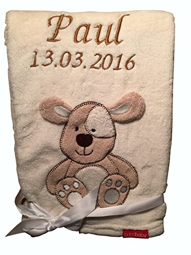 KIDDI-MEDIA Babydecke mit Name und Geburtsdatum Bestickt/kuschelig weich / 1A Qualität (Beige - Hund) von KIDDI-MEDIA