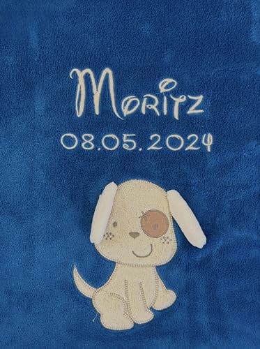 KIDDI-MEDIA Babydecke mit Name und Geburtsdatum Bestickt/kuschelig weich / 1A Qualität (Brillantblau - Hund) von KIDDI-MEDIA