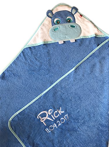 KIDDI-MEDIA Kapuzenhandtuch Bestickt mit Name und Geburtsdatum / 100x100 cm/kuschelig weich / 1A Qualität / 100% Baumwolle (Blau - Hippo) von KIDDI-MEDIA