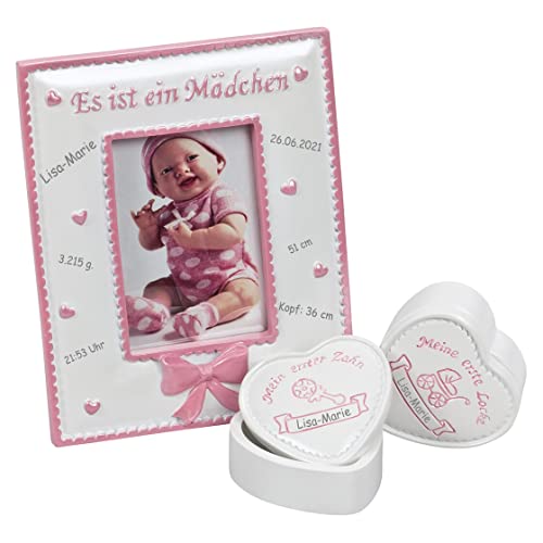 Personalisiertes Baby Geschenk Set - Rosa oder Hellblau/bestehend aus Bilderrahmen, Milchzahndose und Lockendose/mit Name und allen Geburtsdaten eingraviert (Rosa) von KIDDI-MEDIA
