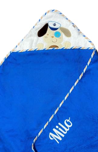 KIDDI-MEDIA Kapuzenhandtuch Bestickt mit Name und Geburtsdatum / 100x100 cm/kuschelig weich / 1A Qualität / 100% Baumwolle (Blau - Hund als SEEMANN) von KIDDI-MEDIA
