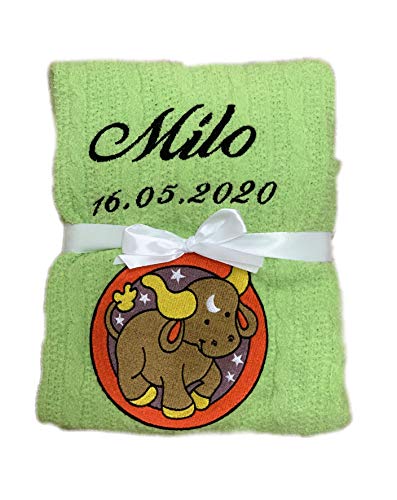 KIDDI-MEDIA Sternzeichen - Babydecke Bestickt mit Name und Geburtsdatum/kuschelig weich (Apfelgün) von KIDDI-MEDIA