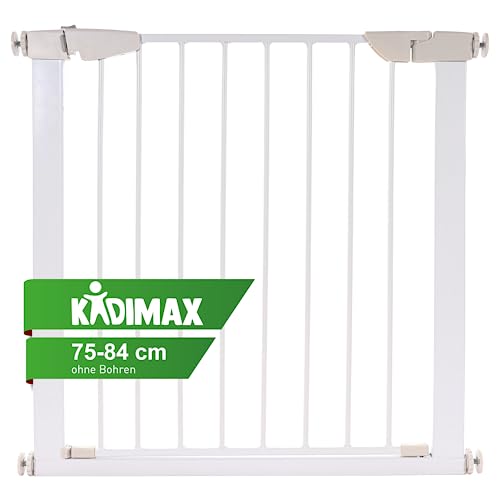 KIDIMAX Treppenschutzgitter 75-84 cm, ohne Bohren, Türschutzgitter für Kinder, Hunde und Katzen, mit Auto-Close & Keep-Open Funktion, Treppengitter weiß von KIDIMAX