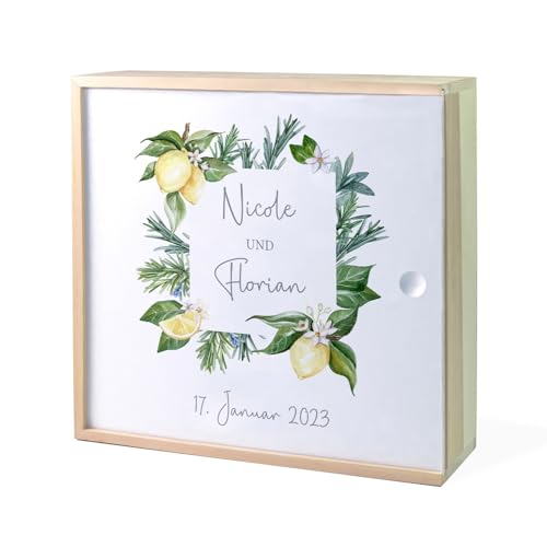 Erinnerungskiste aus Holz zur Hochzeit Zitrone Rahmen, Hochzeitsgeschenk Erinnerungsbox, Geschenk zur Hochzeit personalisiert, Geldgeschenk Hochzeit, Geschenk Hochzeit mit Namen von KIDSLINO