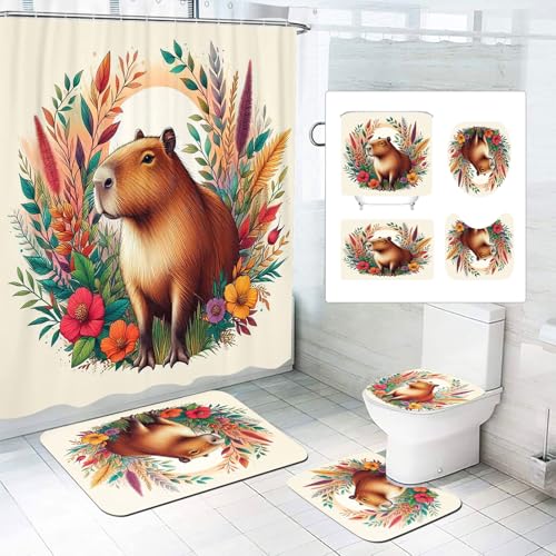 KIDSLOVE Capybara Duschvorhang 180 x 200 180 x 180 Lustige Capybara Duschvorhänge Wasserdichtes Polyester 3D Tier Duschvorhang Badezimmermatte 4-teiliges Set (120 x 200 cm,1) von KIDSLOVE