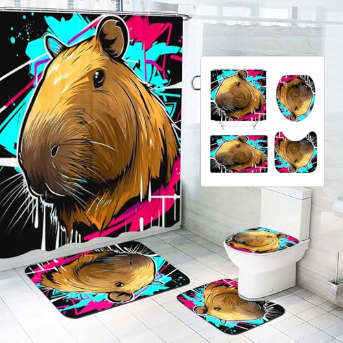 KIDSLOVE Capybara Duschvorhang 180 x 200 180 x 180 Lustige Capybara Duschvorhänge Wasserdichtes Polyester 3D Tier Duschvorhang Badezimmermatte 4-teiliges Set (120 x 200 cm,6) von KIDSLOVE