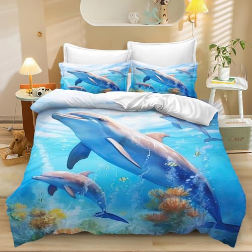 KIDSLOVE Delfin Bettwäsche 135x200 Delfin Meerestiere Bettbezug Für Kinder, Niedlich Tiere Delfin Bettwäsche-Set 3D Drucken Bettwäsche 100% Mikrofaser Delfin Bettbezug (9,135 X 200 cm 50 x 75 x 1) von KIDSLOVE