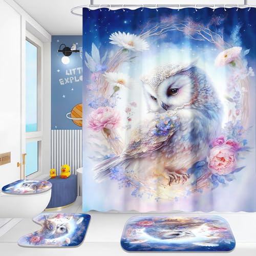 KIDSLOVE Eule Duschvorhang-Sets Aquarell Eule Duschvorhang 180x200 Cartoon Eule Textil Duschvorhänge Polyester Badezimmerteppich 4-teiliges Set Mit 12 Ringen (1,180×180cm) von KIDSLOVE