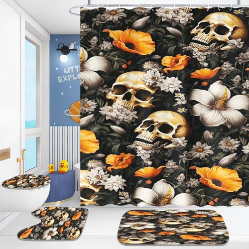 KIDSLOVE Halloween Duschvorhang 180x200 Totenkopf Blumen Gothic Duschvorhang-Sets Skull Textil Duschvorhänge Polyester Badezimmerteppich 4-teiliges Set Mit 12 Ringen (1,200×200cm) von KIDSLOVE