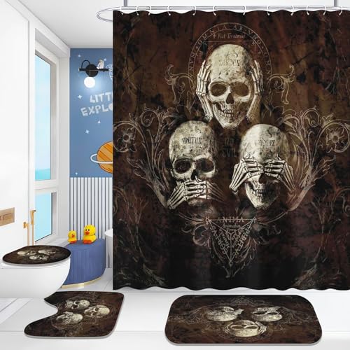 KIDSLOVE Halloween Duschvorhang 180x200 Totenkopf Blumen Gothic Duschvorhang-Sets Skull Textil Duschvorhänge Polyester Badezimmerteppich 4-teiliges Set Mit 12 Ringen (2,200×200cm) von KIDSLOVE