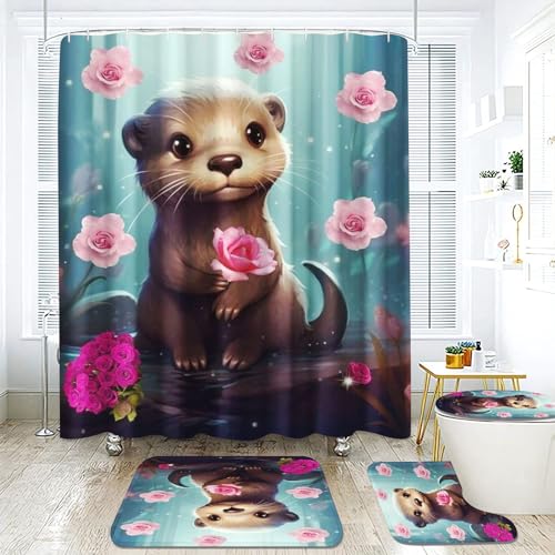 KIDSLOVE Otter Duschvorhang 180 x 200 180 x 180 Süßes Otter Duschvorhänge Wasserdichtes Polyester 3D Seeotter Duschvorhang Badezimmermatte 4-teiliges Set (180 x 200 cm,1) von KIDSLOVE