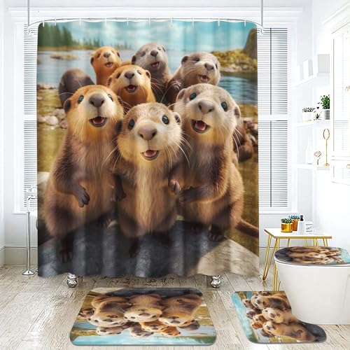 KIDSLOVE Otter Duschvorhang 180 x 200 180 x 180 Süßes Otter Duschvorhänge Wasserdichtes Polyester 3D Seeotter Duschvorhang Badezimmermatte 4-teiliges Set (180 x 200 cm,4) von KIDSLOVE